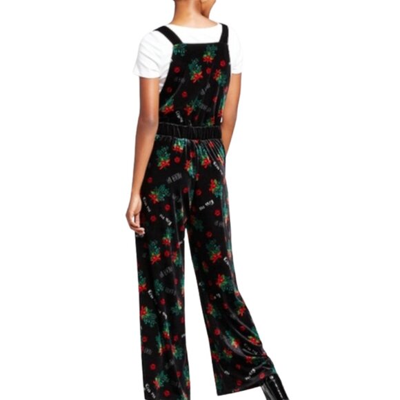 Xhilaration Mistletoe Black Velvet Holiday Overalls Jumpsuit Embroidered Large - Picture 3 of 9